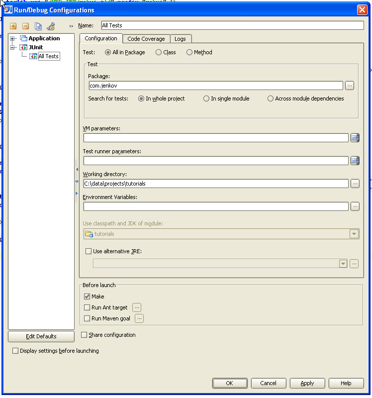 Enter data into the JUnit configuration form